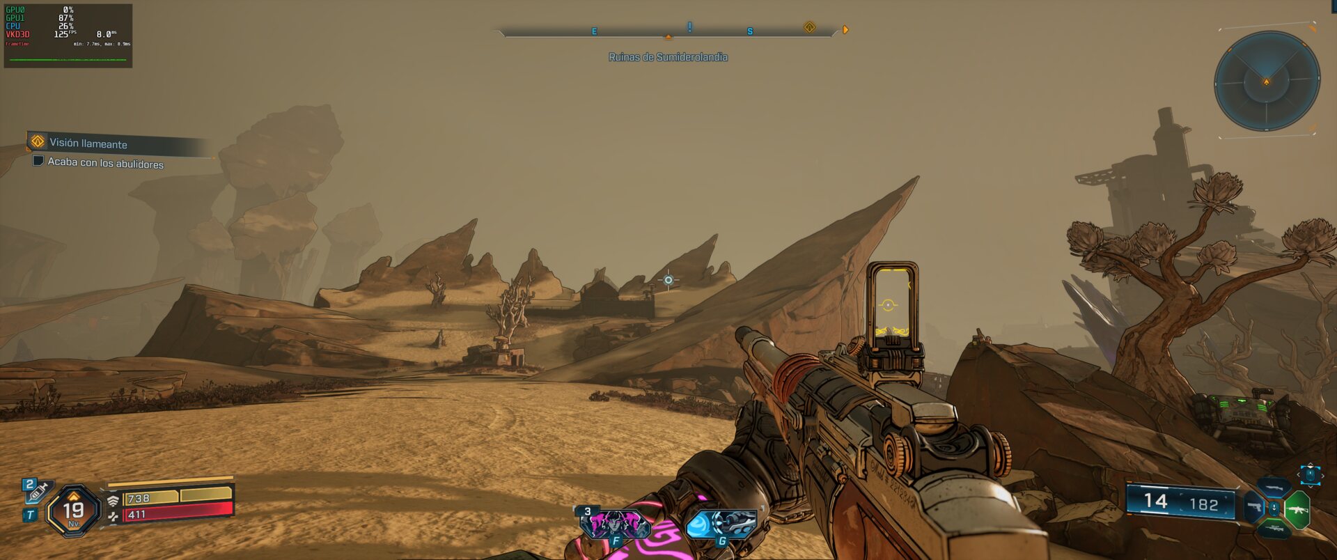 Borderlands 4 at Badass settings with FSR Quality on Linux, 125 fps with afmf-linux