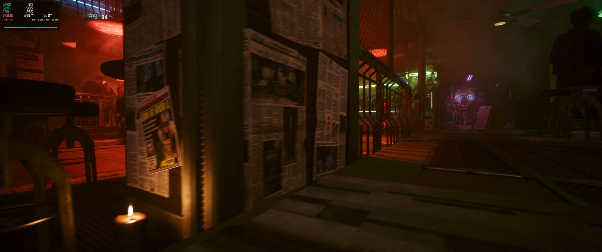 Cyberpunk 2077, RT Ultra, FSR 4 Quality with afmf-linux, scene 1