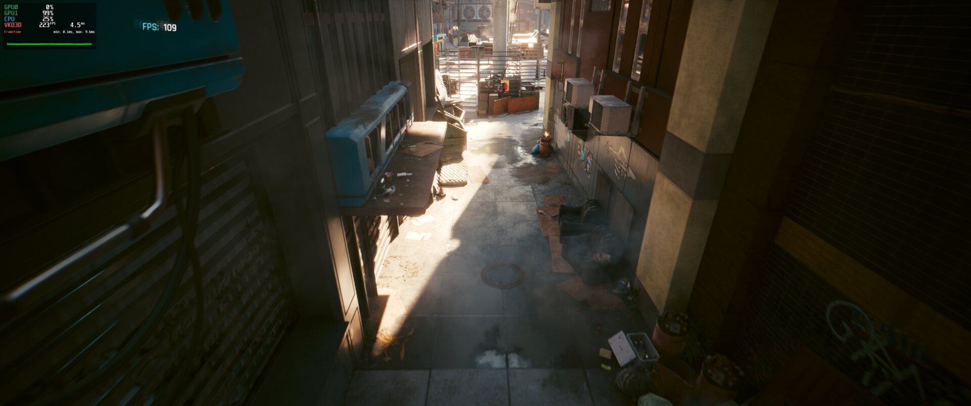 Cyberpunk 2077, RT Ultra, FSR 4 Quality with afmf-linux, scene 3