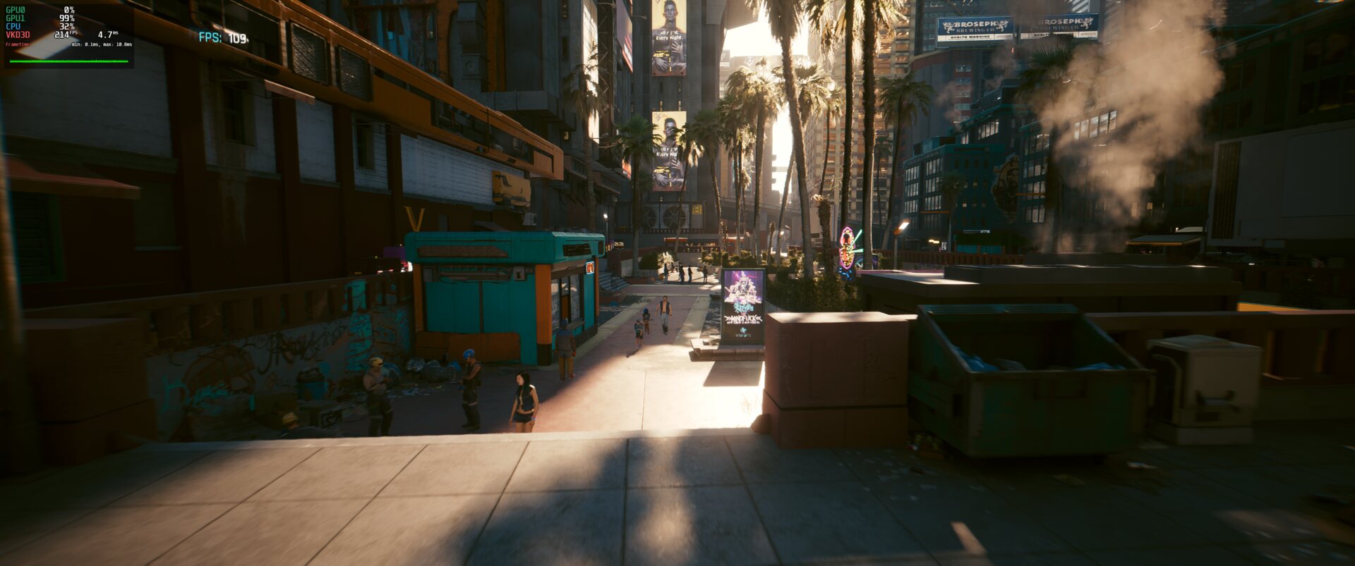 Cyberpunk 2077, RT Ultra, FSR 4 Quality with afmf-linux, scene 4