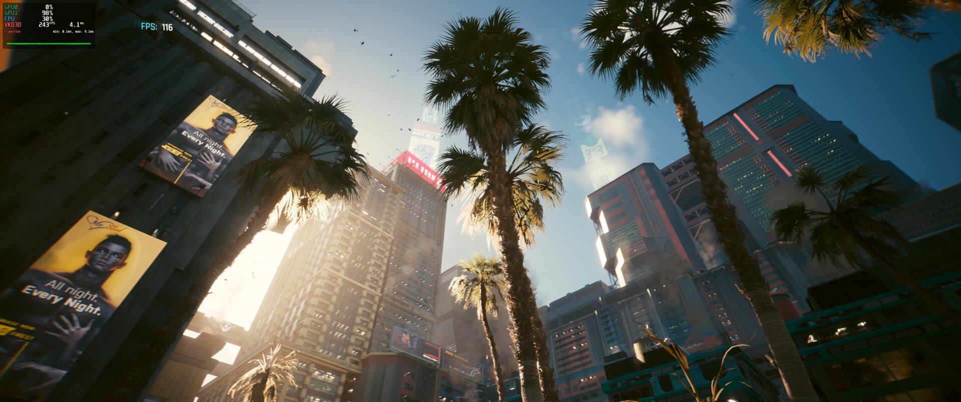 Cyberpunk 2077 with ray tracing on Linux: MangoHud shows 243 fps with afmf-linux while the game's own counter shows 116 real frames per second