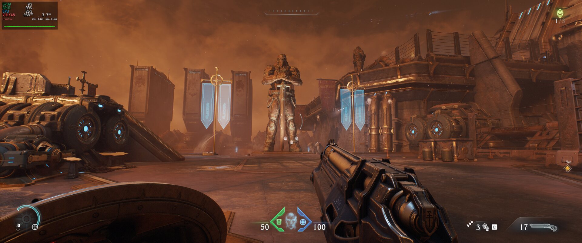 DOOM: The Dark Ages at Ultra Nightmare with FSR Quality on Linux, 268 fps with afmf-linux