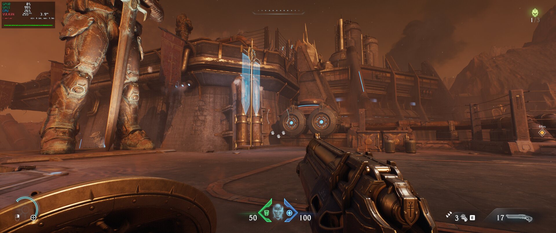 DOOM: The Dark Ages at Ultra Nightmare with Native AA and VRS on Linux, 255 fps with afmf-linux