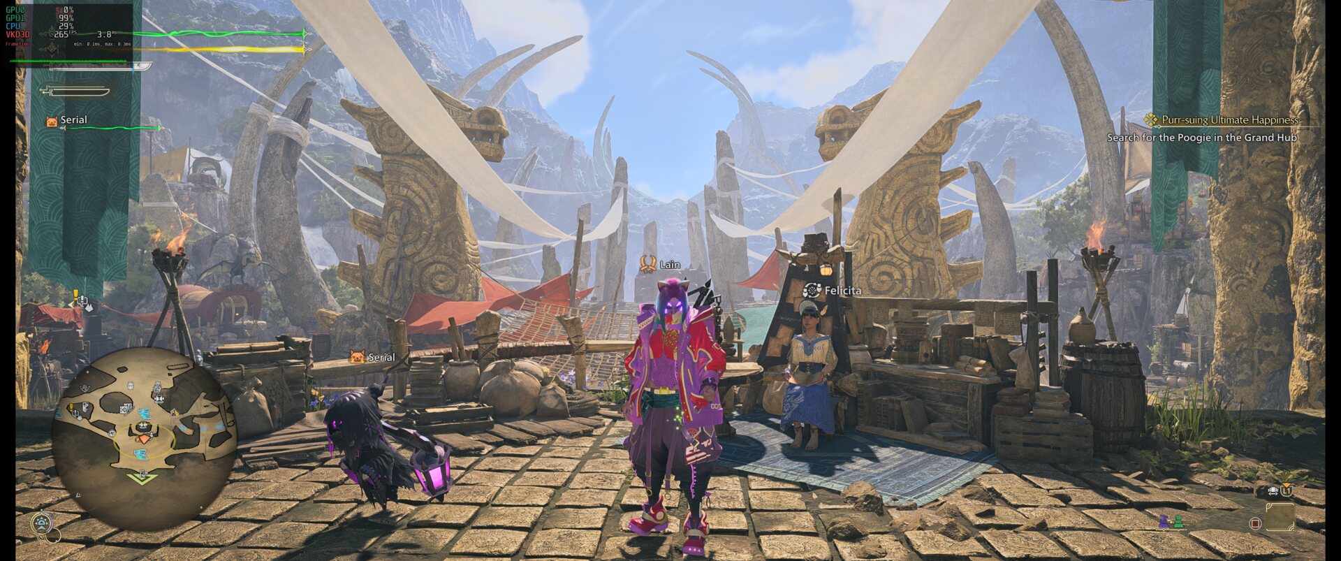 Monster Hunter Wilds at max settings with ray tracing and Native AA on Linux, 265 fps with afmf-linux