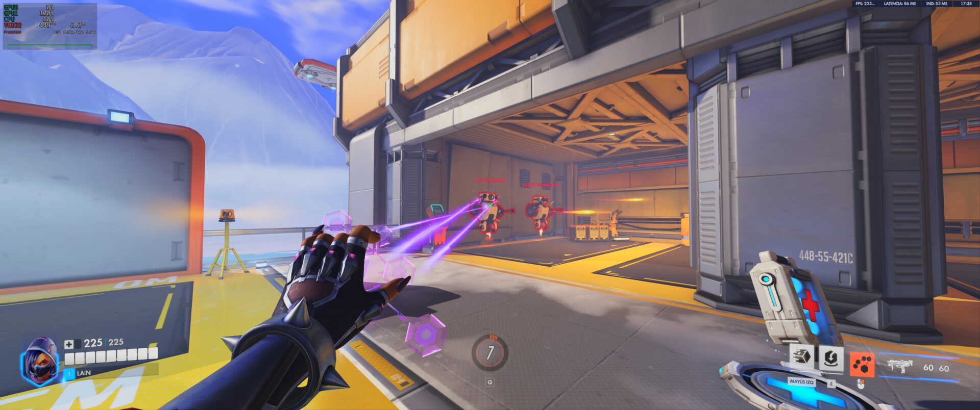 Overwatch 2 at Epic with FidelityFX Quality on Linux: 449 fps on screen with afmf-linux, 223 real per the game's counter